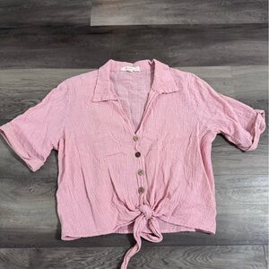Pink Button-Up Tie-Front Blouse